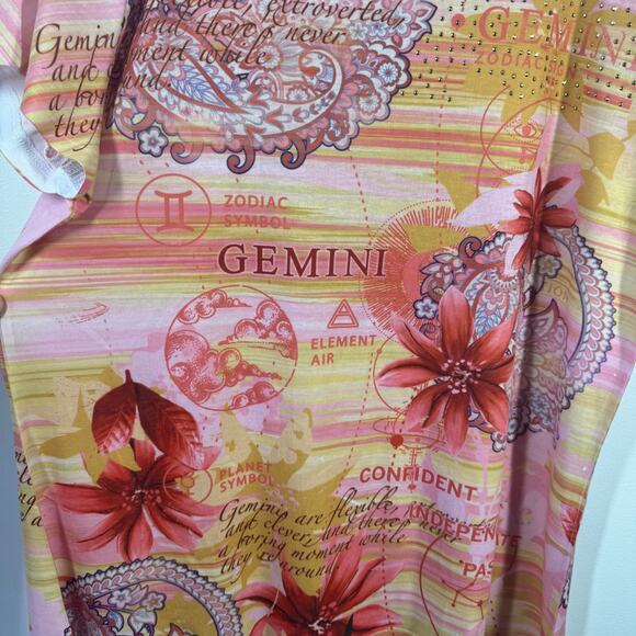 One World Top Women XL Gemini Pink Orange Astrology Floral Bling High Low Spring - Picture 3 of 9